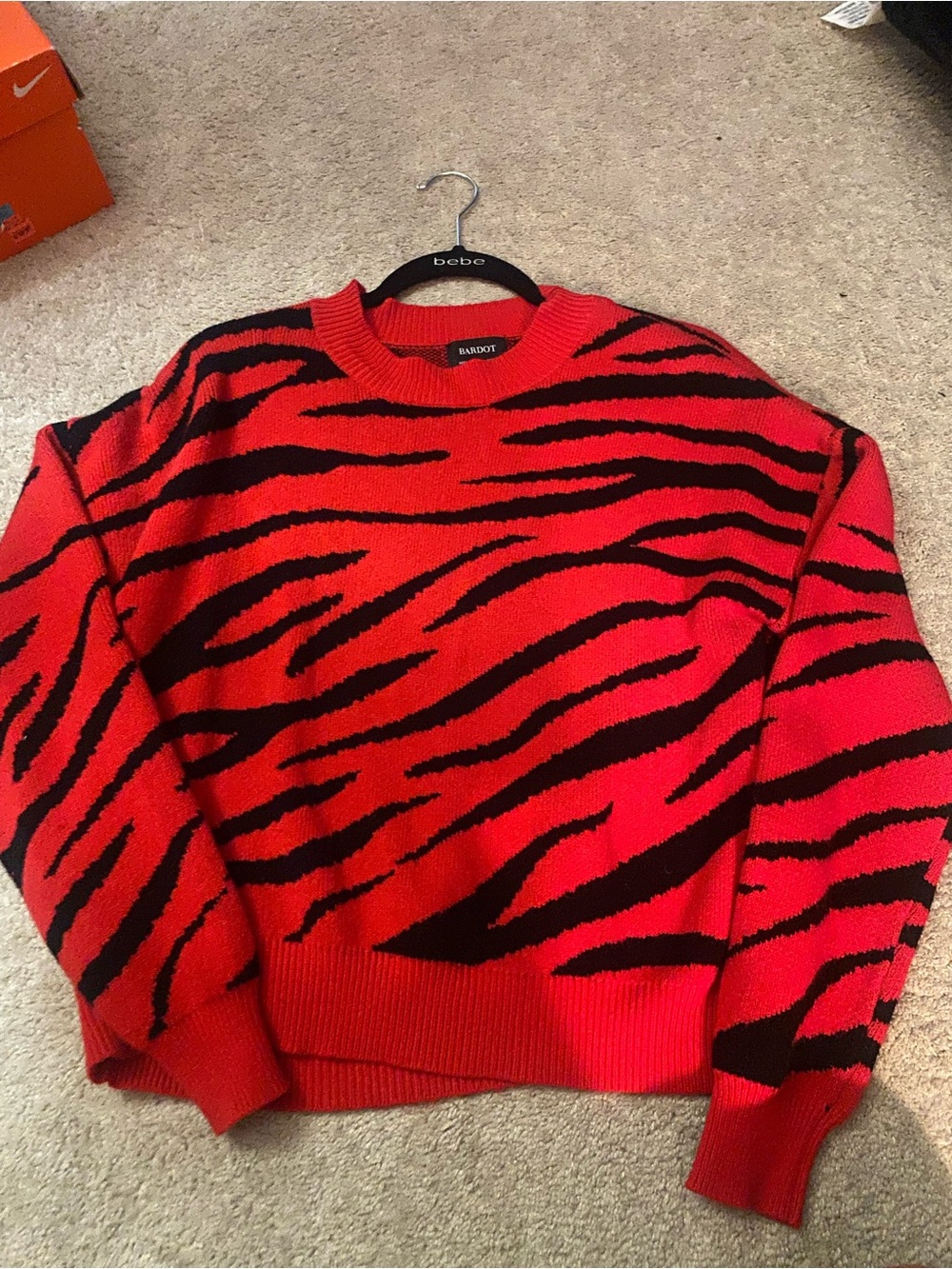 Bardot Red and Black Tiger-Print Crewneck Sweater